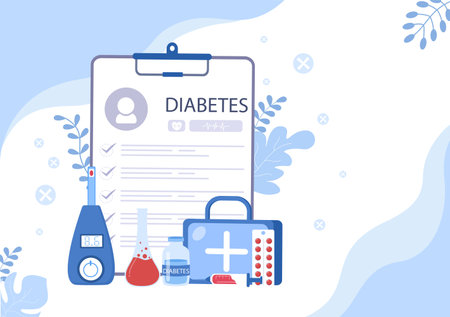 Diabetes Testing with Blood Glucose Meter, Exam Results, Tubes, Syringe to Medical Healthcare and Treatment For Poster Background Vector Illustrationのイラスト素材