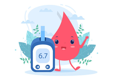 Diabetes Testing with Blood Glucose Meter, Exam Results, Tubes, Syringe to Medical Healthcare and Treatment For Poster Background Vector Illustrationのイラスト素材