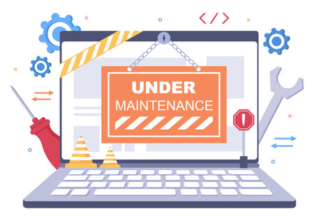 Software System Under Maintenance Vector Illustration. Error Website, Development and Update Webpages on Mobile Application For Poster Templateのイラスト素材