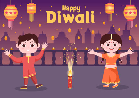 Cute Indian Kids Celebrating Diwali Day Holding Lanterns, lighting Fireworks and Mandala or Rangoli Art With the Background Vector Illustration Festival of Lightsのイラスト素材