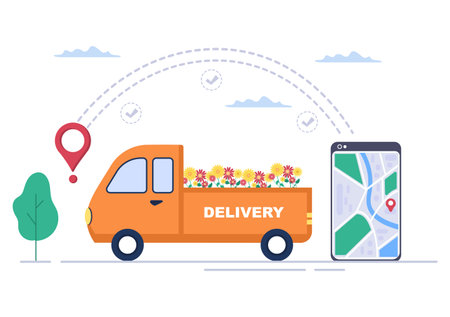 Flower Delivery Service Online Business with Courier Holding a Flowers Order Bouquet Using Trucks, Cars or Motorbikes. Background Vector Illustrationのイラスト素材