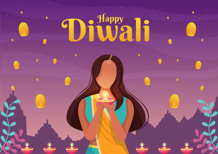 Indian People Celebrating Diwali Day Holding Lanterns, lighting Fireworks and Mandala or Rangoli Art With the Background Vector Illustration Festival of Lightsのイラスト素材