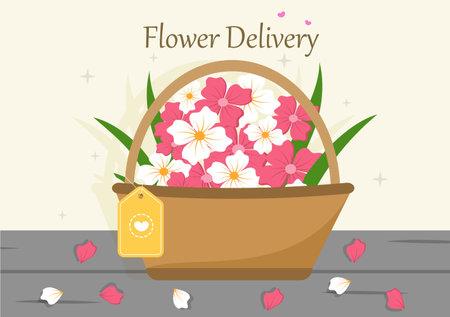 Flower Delivery Service Online Business with Courier Holding a Flowers Order Bouquet Using Trucks, Cars or Motorbikes. Background Vector Illustrationのイラスト素材