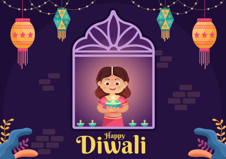 Cute Indian Kids Celebrating Diwali Day Holding Lanterns, lighting Fireworks and Mandala or Rangoli Art With the Background Vector Illustration Festival of Lightsのイラスト素材
