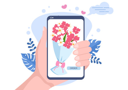 Flower Delivery Service Online Business with Courier Holding a Flowers Order Bouquet Using Trucks, Cars or Motorbikes. Background Vector Illustrationのイラスト素材