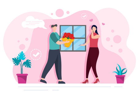Flower Delivery Service Online Business with Courier Holding a Flowers Order Bouquet Using Trucks, Cars or Motorbikes. Background Vector Illustrationのイラスト素材