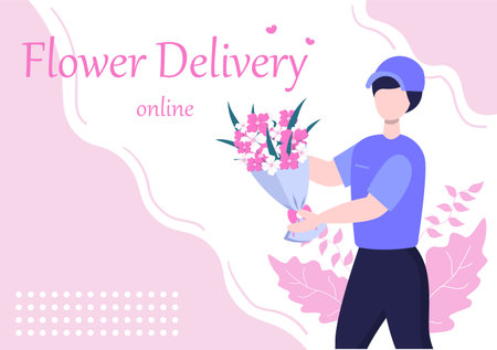 Flower Delivery Service Online Business with Courier Holding a Flowers Order Bouquet Using Trucks, Cars or Motorbikes. Background Vector Illustrationのイラスト素材