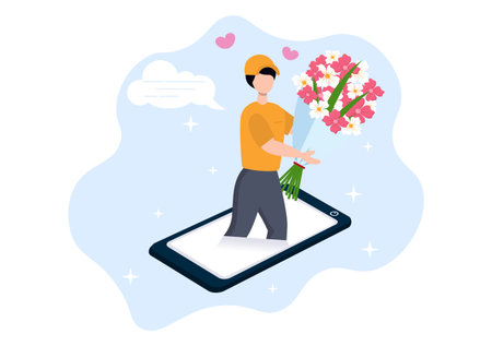 Flower Delivery Service Online Business with Courier Holding a Flowers Order Bouquet Using Trucks, Cars or Motorbikes. Background Vector Illustrationのイラスト素材