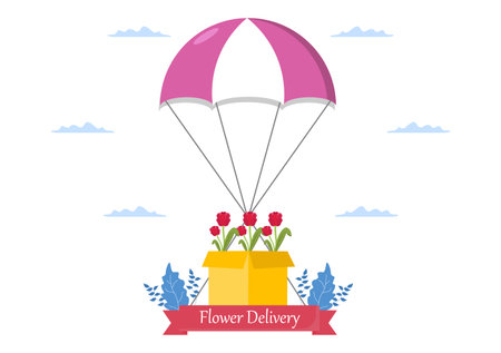 Flower Delivery Service Online Business with Courier Holding a Flowers Order Bouquet Using Trucks, Cars or Motorbikes. Background Vector Illustrationのイラスト素材