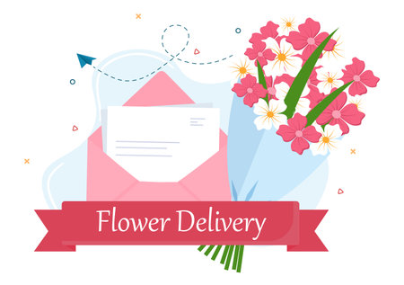 Flower Delivery Service Online Business with Courier Holding a Flowers Order Bouquet Using Trucks, Cars or Motorbikes. Background Vector Illustrationのイラスト素材