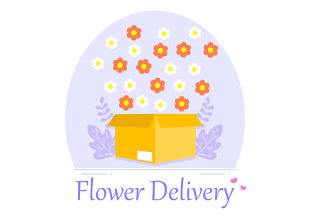 Flower Delivery Service Online Business with Courier Holding a Flowers Order Bouquet Using Trucks, Cars or Motorbikes. Background Vector Illustrationのイラスト素材