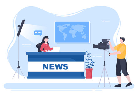 Breaking News Reporter Background Vector Illustration With Broadcaster or Journalist on the Monitor About Information Incident, Activities, Weather and Announcementsのイラスト素材