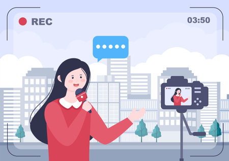 Breaking News Reporter Background Vector Illustration With Broadcaster or Journalist on the Monitor About Information Incident, Activities, Weather and Announcementsのイラスト素材