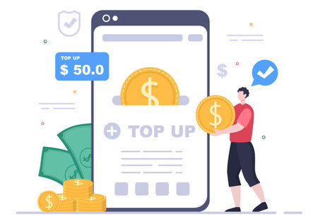 Top Up Add Your Money Balance Vector Illustration on Mobile Phone Device For Financial Application, E-Wallet or Digital Currency Conceptのイラスト素材
