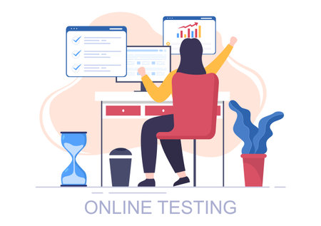 Online Testing Background Vector Illustration With Checklist, Taking Exam, Choosing Answer, Form, E-learning and Education Conceptのイラスト素材