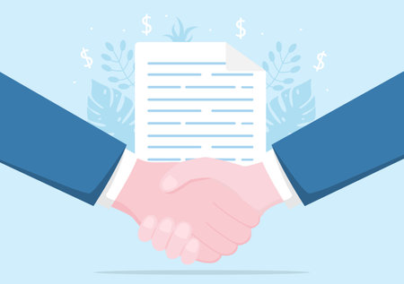 Two Businessmen Reach a Deal or Agreement Shaking Hands on Cooperation Contract as Successful Partners. Background Vector Illustrationのイラスト素材