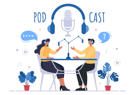 Podcast Background Vector illustration People Using Headset To Record Audio, Host Interviewing Guest or Online Show With Sound Recording Equipment and Microphone Conceptのイラスト素材