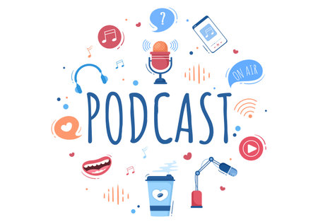 Podcast Background Vector illustration People Using Headset To Record Audio, Host Interviewing Guest or Online Show With Sound Recording Equipment and Microphone Conceptのイラスト素材