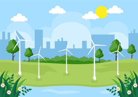 Ecological Sustainable Energy Supply Background Vector Flat Illustration Power Plant Station Buildings With Solar Panels, Gas, Geothermal, Renewable, Water and Wind Turbinesのイラスト素材