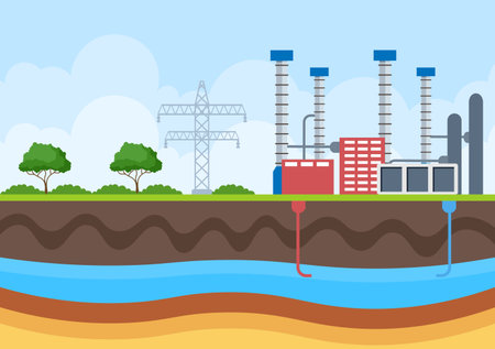 Ecological Sustainable Energy Supply Background Vector Flat Illustration Power Plant Station Buildings With Solar Panels, Gas, Geothermal, Renewable, Water and Wind Turbinesのイラスト素材