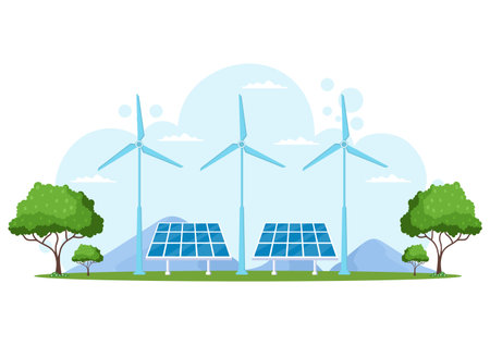 Ecological Sustainable Energy Supply Background Vector Flat Illustration Power Plant Station Buildings With Solar Panels, Gas, Geothermal, Renewable, Water and Wind Turbinesのイラスト素材