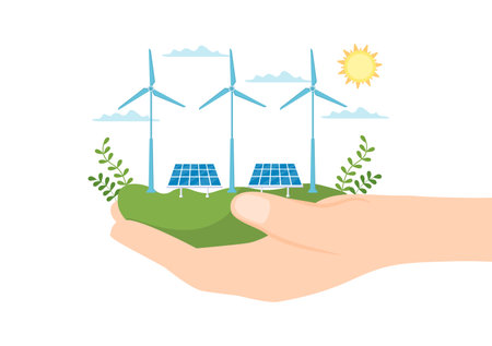 Ecological Sustainable Energy Supply Background Vector Flat Illustration Power Plant Station Buildings With Solar Panels, Gas, Geothermal, Renewable, Water and Wind Turbinesのイラスト素材