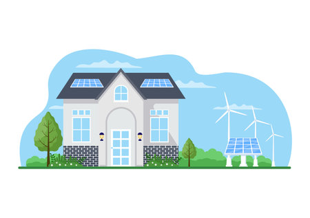 Ecological Sustainable Energy Supply Background Vector Flat Illustration Power Plant Station Buildings With Solar Panels, Gas, Geothermal, Renewable, Water and Wind Turbinesのイラスト素材