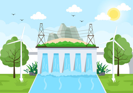Ecological Sustainable Energy Supply Background Vector Flat Illustration Power Plant Station Buildings With Solar Panels, Gas, Geothermal, Renewable, Water and Wind Turbinesのイラスト素材