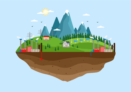 Ecological Sustainable Energy Supply Background Vector Flat Illustration Power Plant Station Buildings With Solar Panels, Gas, Geothermal, Renewable, Water and Wind Turbinesのイラスト素材