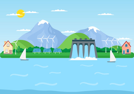 Ecological Sustainable Energy Supply Background Vector Flat Illustration Power Plant Station Buildings With Solar Panels, Gas, Geothermal, Renewable, Water and Wind Turbinesのイラスト素材