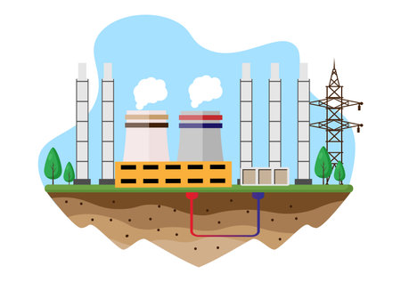 Ecological Sustainable Energy Supply Background Vector Flat Illustration Power Plant Station Buildings With Solar Panels, Gas, Geothermal, Renewable, Water and Wind Turbinesのイラスト素材