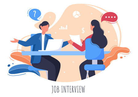 Job Interview Meeting, Candidate and HR Manager. Idea of Employment and Hiring, Business Man or Woman at Table, Vector Illustration For Conversation, Career, Human Resource Conceptのイラスト素材