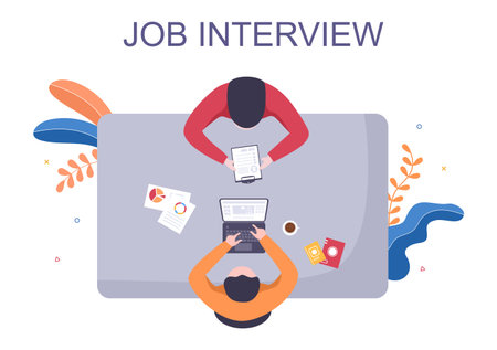 Job Interview Meeting, Candidate and HR Manager. Idea of Employment and Hiring, Business Man or Woman at Table, Vector Illustration For Conversation, Career, Human Resource Conceptのイラスト素材