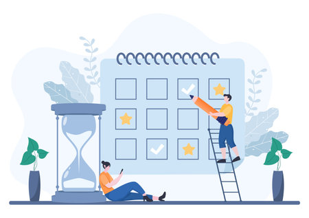 Planning Schedule or Time Management with Calendar Business Meeting, Activities and Events Organizing Process Office Working. Background Vector Illustrationのイラスト素材