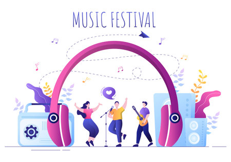 Music Festival Background Vector Illustration With Musical Instruments and Live Singing Performance for Poster, Banner or Brochure Templateのイラスト素材