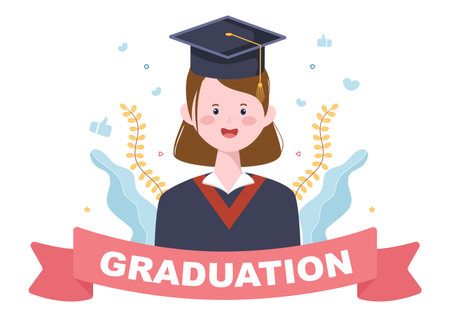 Happy Graduation Day of Students Celebrating Background Vector Illustration Wearing Academic Dress, Graduate Cap and Holding Diploma in Flat Styleのイラスト素材