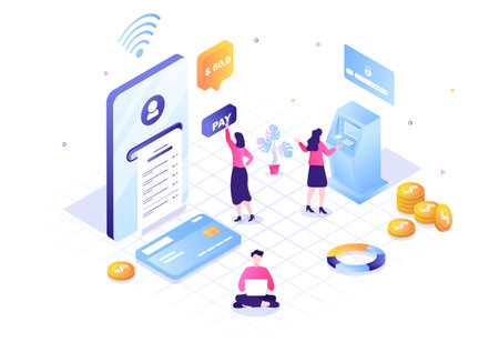 Online E-Banking App, Wallet or Bank Credit Card Vector Illustration with Technology, Data Protection, and Payment Security for Digital Payments Through Smartphonesのイラスト素材