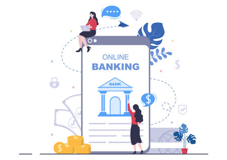 Online E-Banking App, Wallet or Bank Credit Card Vector Illustration with Technology, Data Protection, and Payment Security for Digital Payments Through Smartphonesのイラスト素材