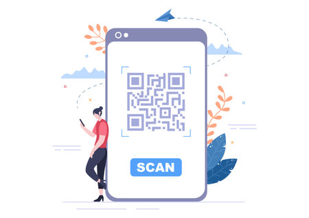 QR Code Scanner for Online Payment, Electronic Pay and Money Transfer on Smartphone with App in Hand. Background Vector Illustrationのイラスト素材