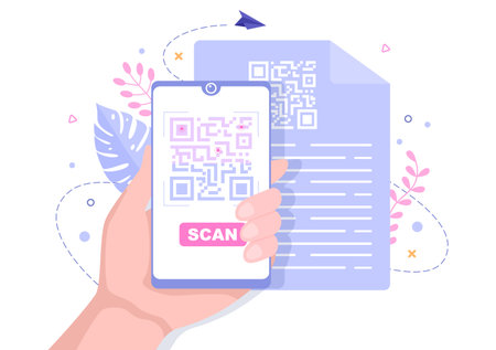 QR Code Scanner for Online Payment, Electronic Pay and Money Transfer on Smartphone with App in Hand. Background Vector Illustrationのイラスト素材
