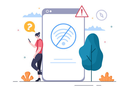 Lost Wireless Connection or Disconnected Cable, No Wifi Signal Internet, Page Not Found on Display Smartphone Screen. Background Vector Illustrationのイラスト素材