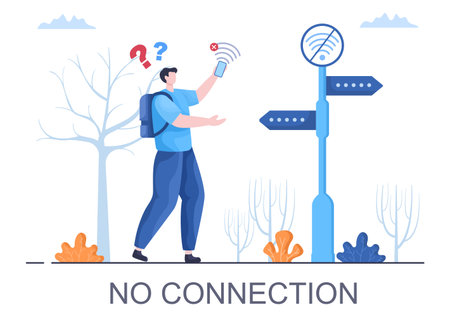 Lost Wireless Connection or Disconnected Cable, No Wifi Signal Internet, Page Not Found on Display Smartphone Screen. Background Vector Illustrationのイラスト素材