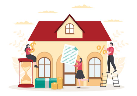 Mortgage Loan Debt Instruments that are Secured by Property Assets such as Real estate Services, Rent, Buying Home or Auction House. Background Vector illustrationのイラスト素材