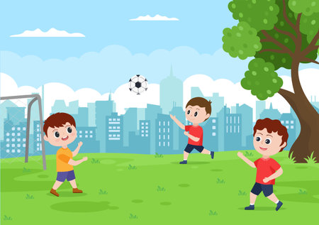 Playing Football with Boys Play Soccer Wear Sports Uniform Various Movements Such as Kicking, Holding, Defending, Parrying and Attacking in Field. Vector Illustrationのイラスト素材