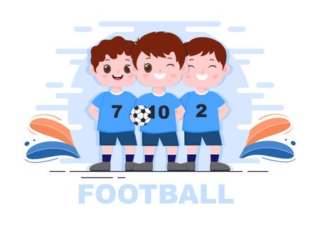 Playing Football with Boys Play Soccer Wear Sports Uniform Various Movements Such as Kicking, Holding, Defending, Parrying and Attacking in Field. Vector Illustrationのイラスト素材