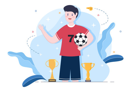 Play Football with Soccer Team Players Celebrate Their Victory in Matches and Get Gold Trophies. Vector Illustrationのイラスト素材