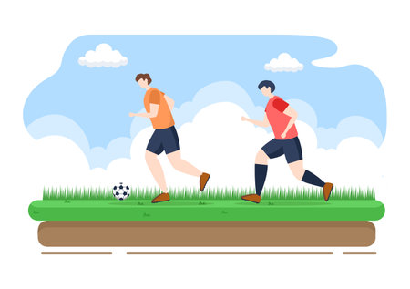 Playing Football with Boys Play Soccer Wear Sports Uniform Various Movements Such as Kicking, Holding, Defending, Parrying and Attacking in Field. Vector Illustrationのイラスト素材