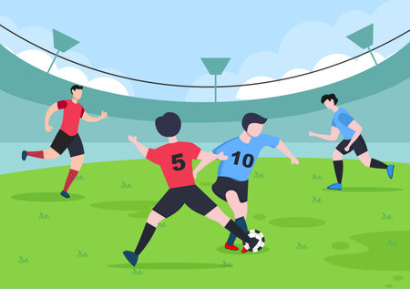 Playing Football with Boys Play Soccer Wear Sports Uniform Various Movements Such as Kicking, Holding, Defending, Parrying and Attacking in Field. Vector Illustrationのイラスト素材