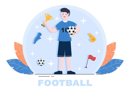 Play Football with Soccer Team Players Celebrate Their Victory in Matches and Get Gold Trophies. Vector Illustrationのイラスト素材