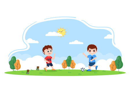 Playing Football with Boys Play Soccer Wear Sports Uniform Various Movements Such as Kicking, Holding, Defending, Parrying and Attacking in Field. Vector Illustrationのイラスト素材